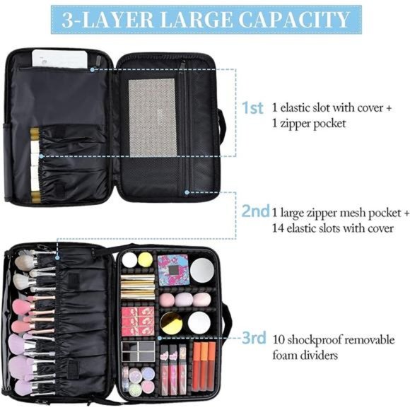 Makeup Case 3 Layers Travel Makeup Train Case Bag Organizer Portable（Black, M） - Picture 2 of 6